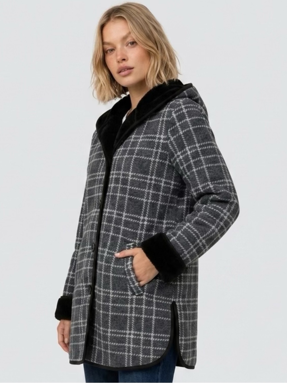 IKE BEHAR GRAY PLAID LADIES HOODED COAT Sz SMALL LIKE NEW